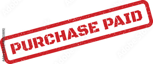Grungy red rubber stamp showing the text PURCHASE PAID on a document surface for financial transactions