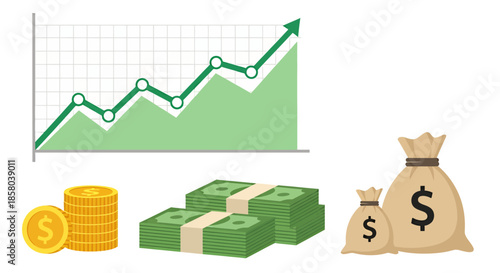 This engaging vector illustration presents essential financial elements, including an upward trending chart, golden coins, and bundles of cash, symbolizing financial growth.