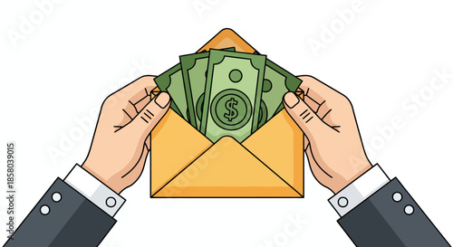 A vector illustration depicts a person's hands opening an envelope filled with cash, symbolizing financial gain and monetary rewards, perfect for business and finance concepts.