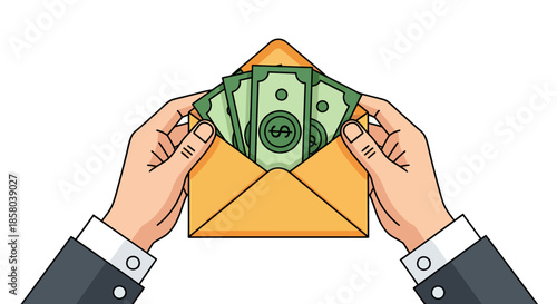 A vector illustration depicts a person's hands holding an open envelope filled with cash, symbolizing financial gain and monetary rewards, ideal for business and finance concepts.