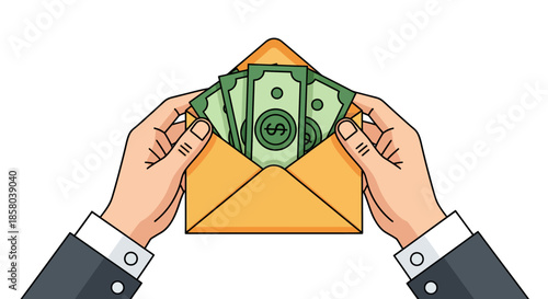 A vector illustration depicts a person's hands holding an open envelope filled with cash, symbolizing financial reward, payment, or a surprise monetary gift against a clean white background.