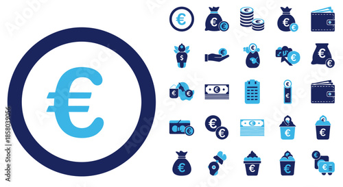 A vector illustration showcases a collection of euro currency icons, symbols, and financial elements, perfect for business and finance-related designs and presentations.