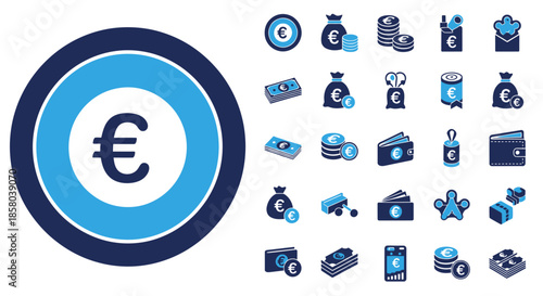 This vector illustration showcases a collection of euro currency icons, including coins, bills, wallets, and money bags, all rendered in a clean, modern style.