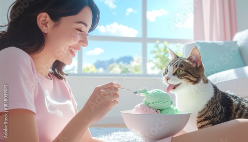 Woman Feeding Cat from a Shared Ice Cream Bowl. Pet Couples Moments. Candid photograph of a woman seated on the floor offering a tiny safe lick of ice cream on a spoon to her cat from a shared bowl.
