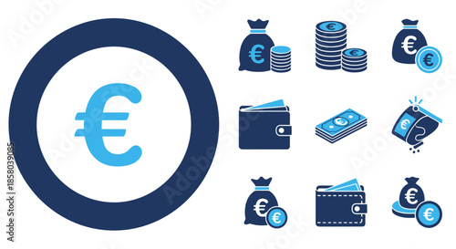 A comprehensive collection of flat vector icons illustrating various Euro currency and financial concepts, perfect for business and economic designs.