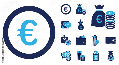 A vector graphic depicts a collection of euro currency icons, including coins, bills, and money bags, set against a clean white background for financial applications.