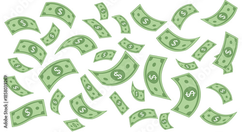 A dynamic vector illustration depicts a cascade of dollar bills falling, symbolizing wealth, financial success, and prosperity in a vibrant design.