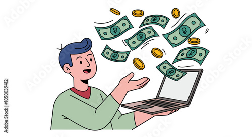 A cheerful individual, depicted in a vector illustration, celebrates financial success as money and coins cascade from a laptop screen, symbolizing online earnings and wealth.