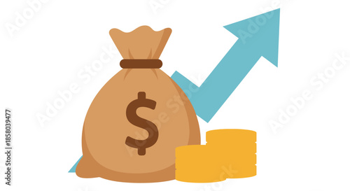 A vector illustration depicts a money bag with a dollar sign, coins, and an upward-pointing arrow, symbolizing financial growth and investment success in a simplified style.