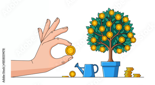 A hand places a gold coin near a money tree in a pot with a watering can, illustrating financial growth, investment, and wealth accumulation in a vector format.