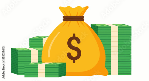 A vibrant vector illustration showcases a golden money bag overflowing with cash, alongside stacks of currency, representing wealth and financial success in a simple, clean design.
