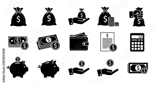 A vector illustration showcases various financial icons, including money bags, cash, wallets, and piggy banks, rendered in a clean, minimalist black and white style.