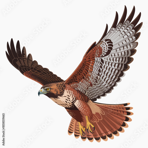 A vibrant illustration of a hawk in mid-flight, showcasing its majestic wings and fierce gaze, embodying the beauty and power of nature's wildlife in a stunning composition.