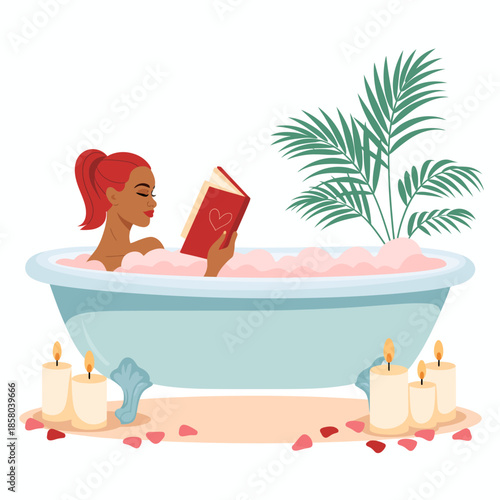 A serene woman enjoying a peaceful moment soaking in a tub filled with bubbles, surrounded by candles and greenery, exemplifying relaxation and self-care in a cozy atmosphere.