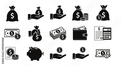 A comprehensive set of black and white vector icons illustrating various financial concepts like savings, currency, and investment, perfect for business designs.