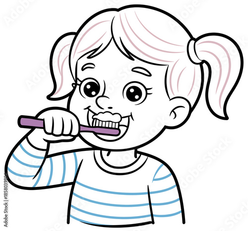 A cheerful illustration shows a child happily brushing her teeth, promoting good oral hygiene habits in a playful and engaging manner for young audiences.