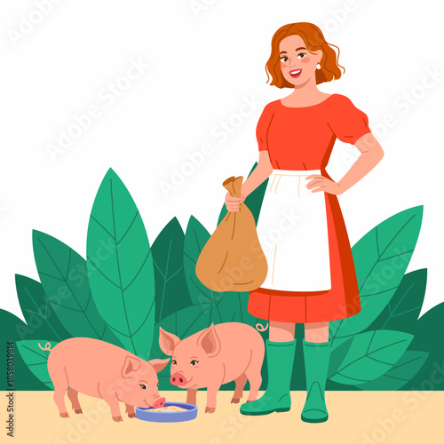 In a lush outdoor setting, a cheerful woman feeds adorable pigs, highlighting the connection between humans and animals in farm life, showcasing kindness and care in agriculture.
