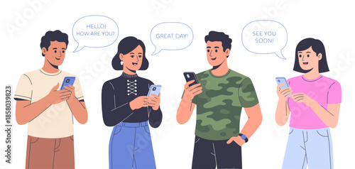 A group of young friends interacts joyfully through their smartphones, capturing the essence of modern communication and social connections in an engaging way.