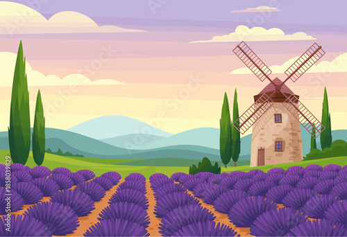 A serene landscape depicts vibrant lavender fields, stretching towards the horizon, complemented by a charming windmill amidst rolling hills under a pastel sky at dusk.