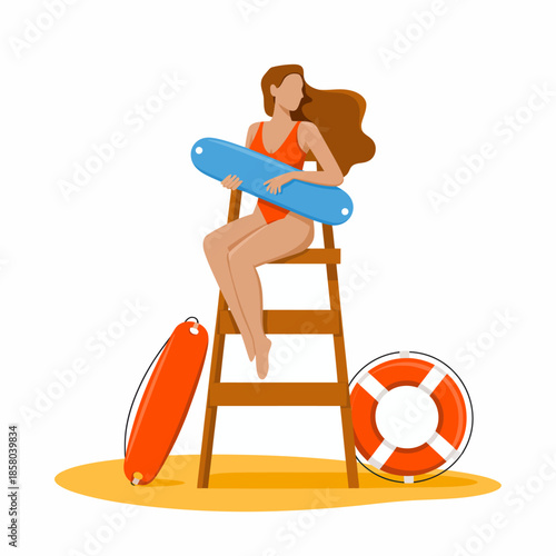 A lifeguard in a red bathing suit on duty, perched on a tall wooden chair by the pool, ensuring safety while surrounded by colorful lifebuoys under a bright sunny sky.