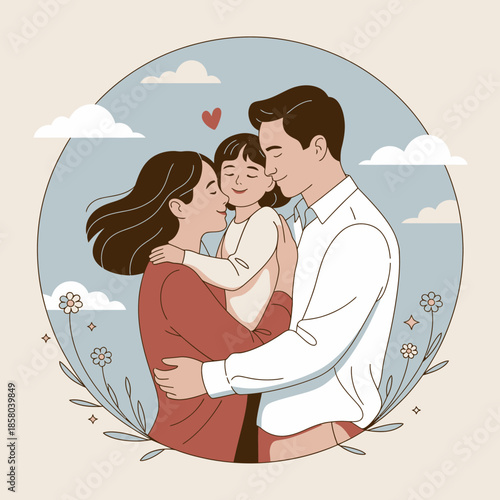 A heartwarming family portrait captures a loving embrace between a mother, father, and their child, symbolizing warmth, love, and togetherness.
