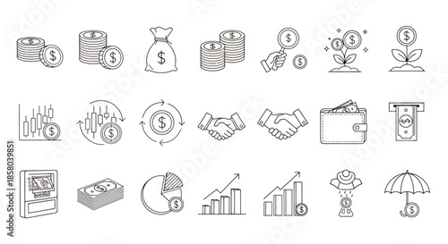 A set of vector line icons depicting money, finance, and business concepts, including coins, bags, charts, handshakes, wallets, ATMs, and growth symbols on a white background.