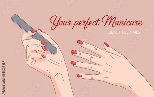 A well-manicured hand holding a nail file, demonstrating a professional manicure scene with beautifully polished nails, reflecting self-care and grooming.