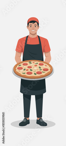 A friendly illustration of a pizza chef proudly presenting a delicious freshly made pizza, highlighting the joy and art of cooking in a vibrant culinary setting.