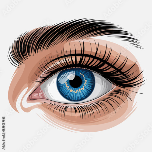 This close-up image of a blue eye captures exquisite details of the iris, showcasing the beauty of human features and the intricate artistry of nature in realism.