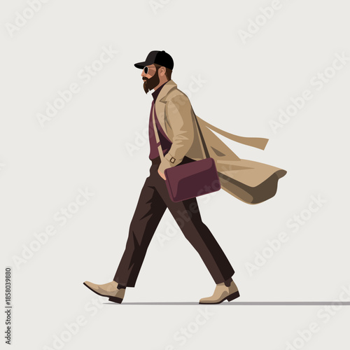 This image features a fashionable man walking confidently in a trench coat, sunglasses, and a cap, with a messenger bag, showcasing modern urban style and elegance.