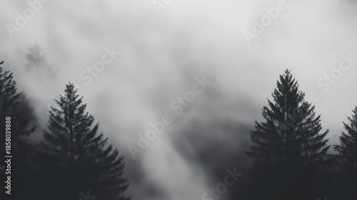 Forest trees silhouetted in foggy mist atmosphere black and white imagery