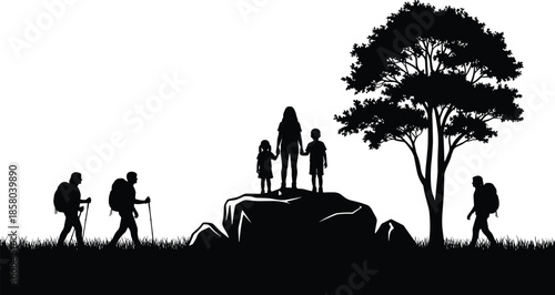 Happy family silhouette hiking in nature, mother and children standing on rock, hikers with backpacks walking in grass, outdoor landscape isolated on white background