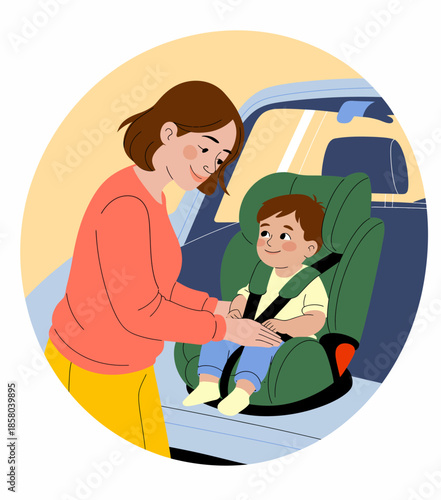 A caring mother safely securing her young child in a car seat, illustrating the importance of safety and nurturing in everyday parenting moments on a warm day in the vehicle.