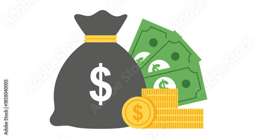 A clean vector illustration shows a black money bag, golden coins, and green dollar bills, representing financial prosperity, savings, and investment.