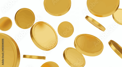 A dynamic array of shiny golden coins is depicted falling through a clean white space, symbolizing wealth, success, and financial growth.