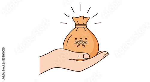 A stylized vector illustration depicts a human hand gently presenting a glowing money bag adorned with the Korean Won currency symbol, symbolizing financial gain and investment.