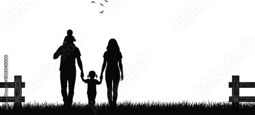 Happy family silhouette walking in grassy field with children, father carrying son on shoulders, mother holding daughter hand, rural nature landscape on white background