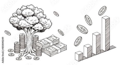 This hand-drawn vector illustration depicts concepts of financial growth and investment, showing a money tree with coins and banknotes, alongside a rising bar chart.