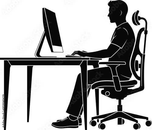 Man working on computer at desk vector illustration, male silhouette sitting in ergonomic office chair, freelancer at workstation for remote work design,