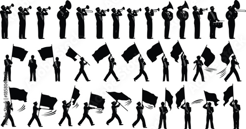 Marching band silhouette vector illustration, black and white contrast, musical performance, flag bearers, parade scene, minimal design, coordinated movement, celebration
