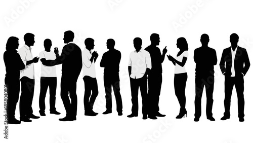 A diverse group of people are standing and conversing in silhouette against a white background.
