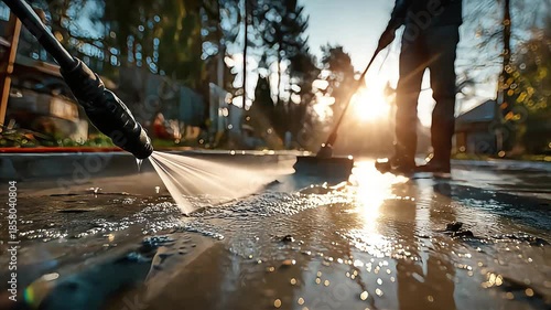 Man power washing concrete driveway with electric pressure washer in sunny suburban morning. Concept Home Maintenance, Pressure Washing, Driveway Cleaning, Outdoor Chores.