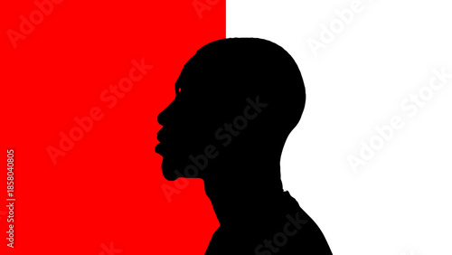 Silhouette of a man's profile against a stark red and white background.
