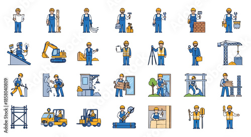 A comprehensive collection of construction workers and building tradespeople illustrations on a clean white background for design projects