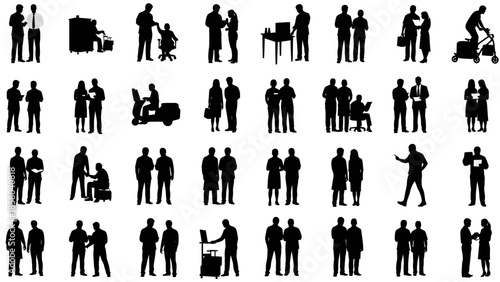 A collection of black and white silhouette illustrations depicting various business and professional interactions between people.