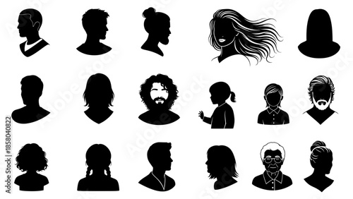 Collection of diverse silhouette portraits showcasing various hairstyles, ages, and genders, presented in black and white.