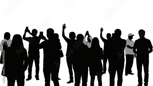 A diverse crowd of people silhouetted against a white background, with some raising their hands in the air.