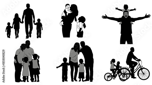 Silhouettes of diverse families enjoying various activities together, showcasing unity and connection.