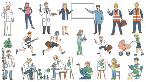A diverse collection of people engaged in various professions and hobbies, depicted in a flat, illustrative style.