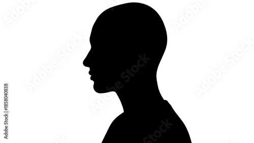 A stark black silhouette of a person's head and shoulders in profile against a white background.